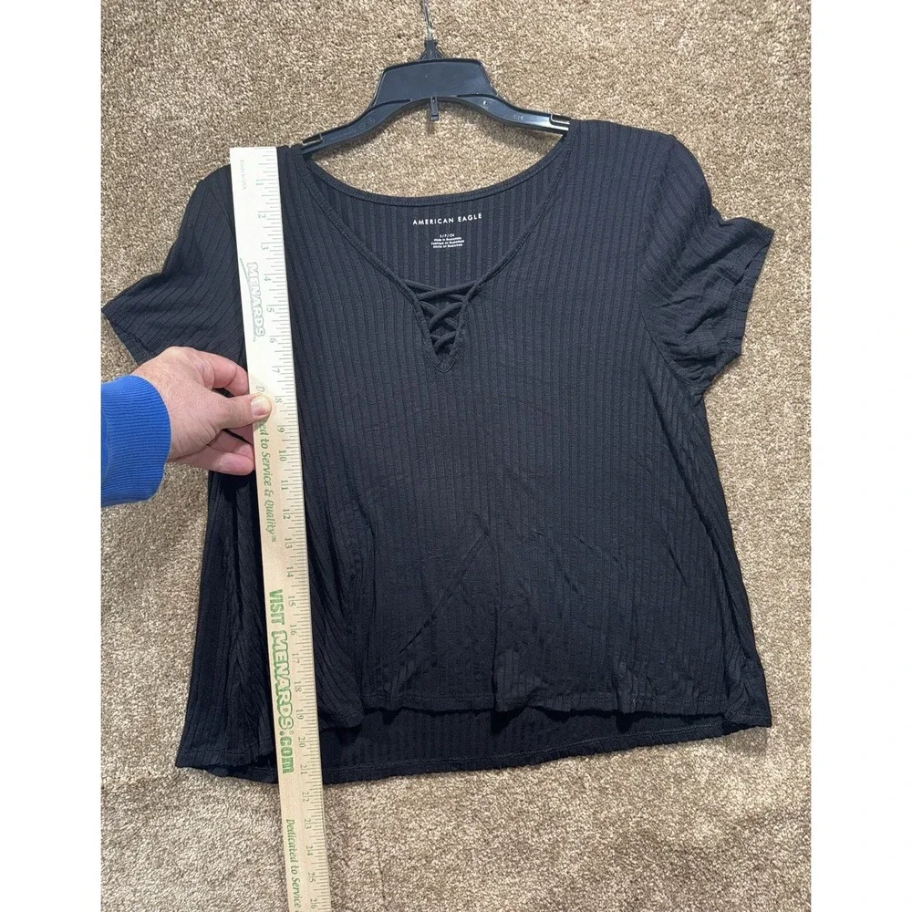 American Eagle Size Small Black V-Neck Short Sleeve Ribbed Knit Shirt - Picture 6 of 7